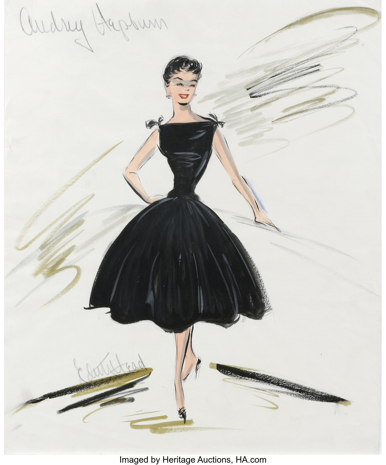 Edith Head original costume sketch of Audrey Hepburn as 