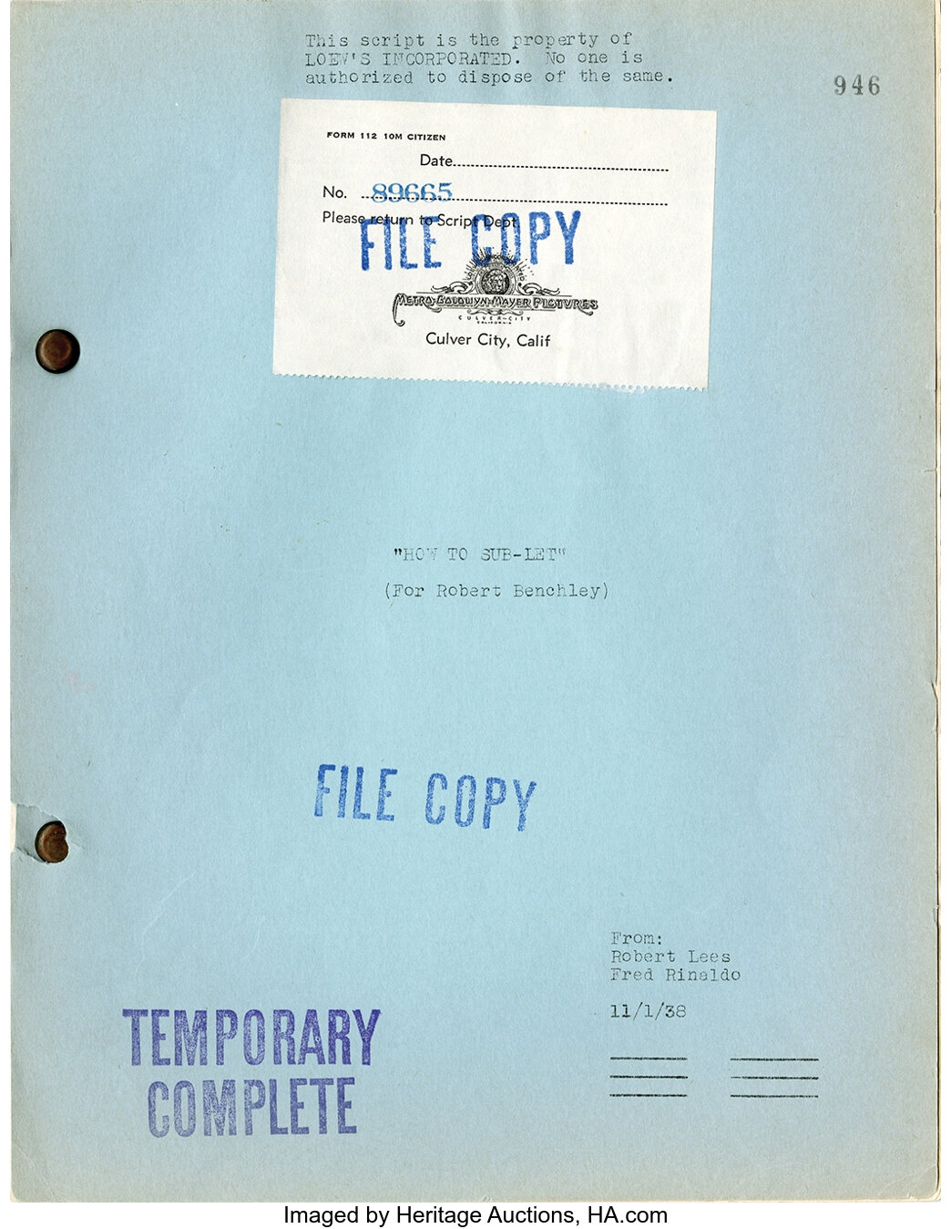 MGM (5) vintage original comedy short-subject scripts for Pete Smith ...