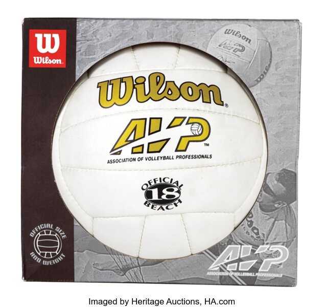 Screen-used Wilson volleyball in box from Cast Away.  Movie/TV