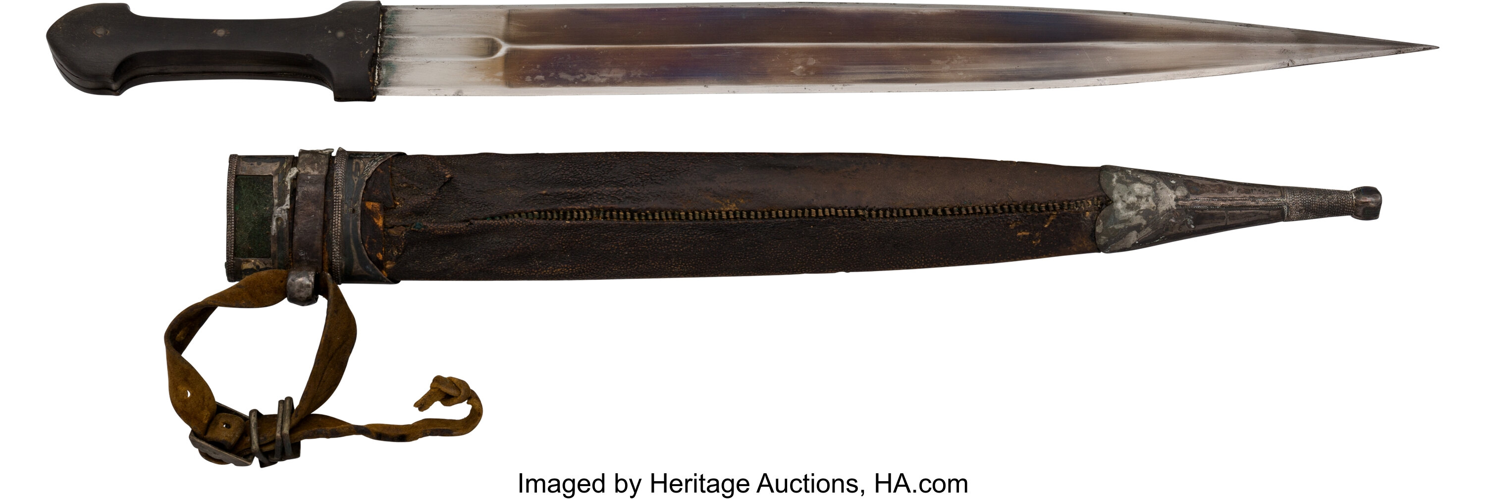 Caucasian qama or kindjal dagger, the 15cm pointed double edged blade with  centre fuller and two-piece horn grip; in nickel plated scabbard with  panels of figures and script L28.5cm overall; and east 