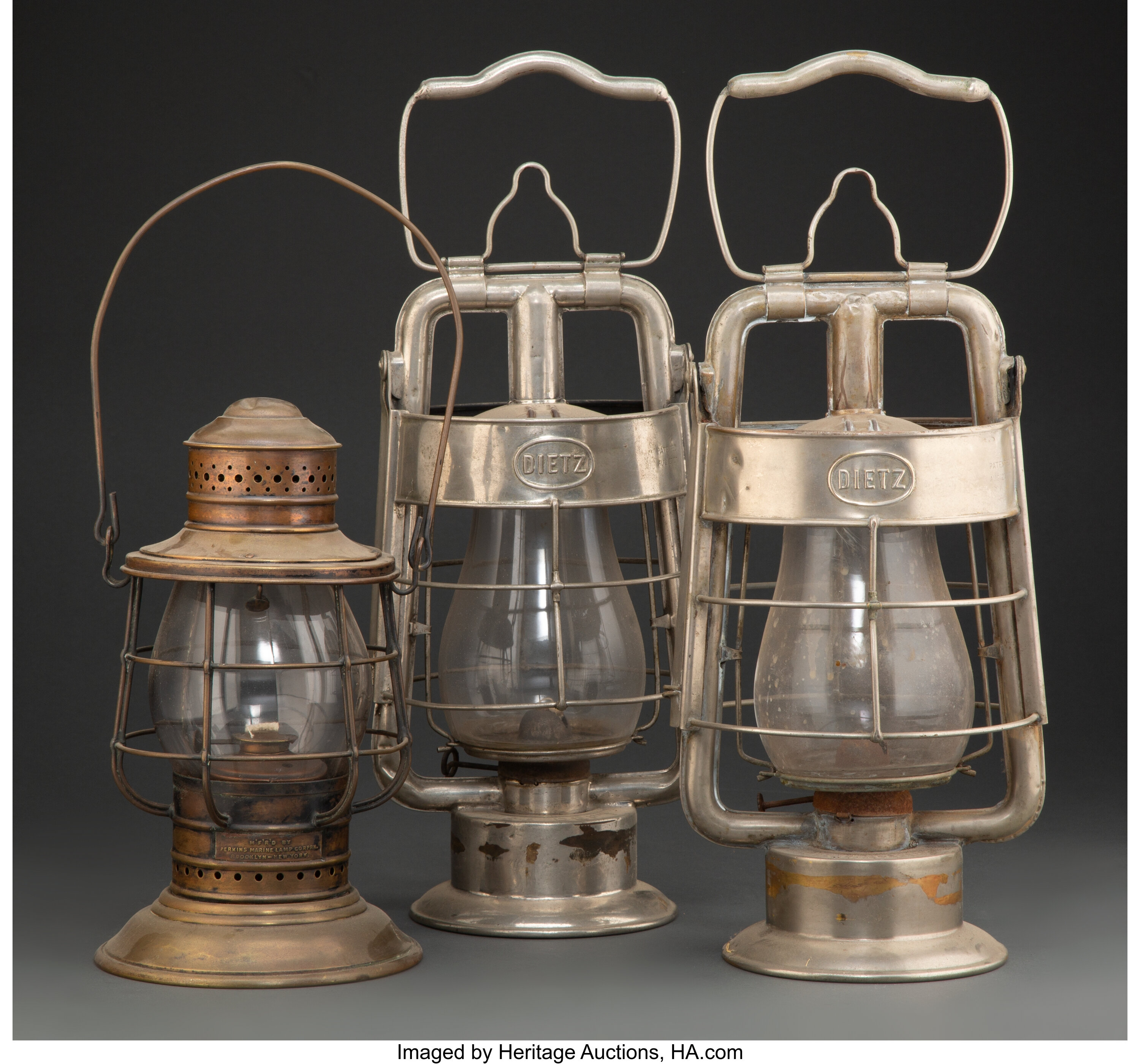 Three Vintage Kerosene Railway Lanterns. Marks: DIETZ KING FIRE