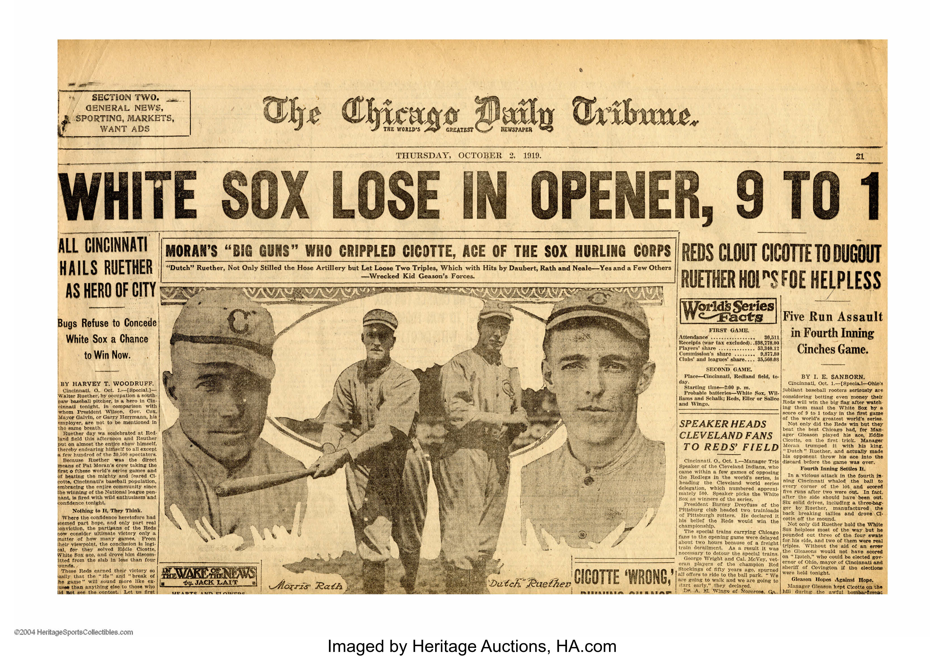 Baseball (2) Original 1919 Chicago Tribune World Series  (2, Lot #10139