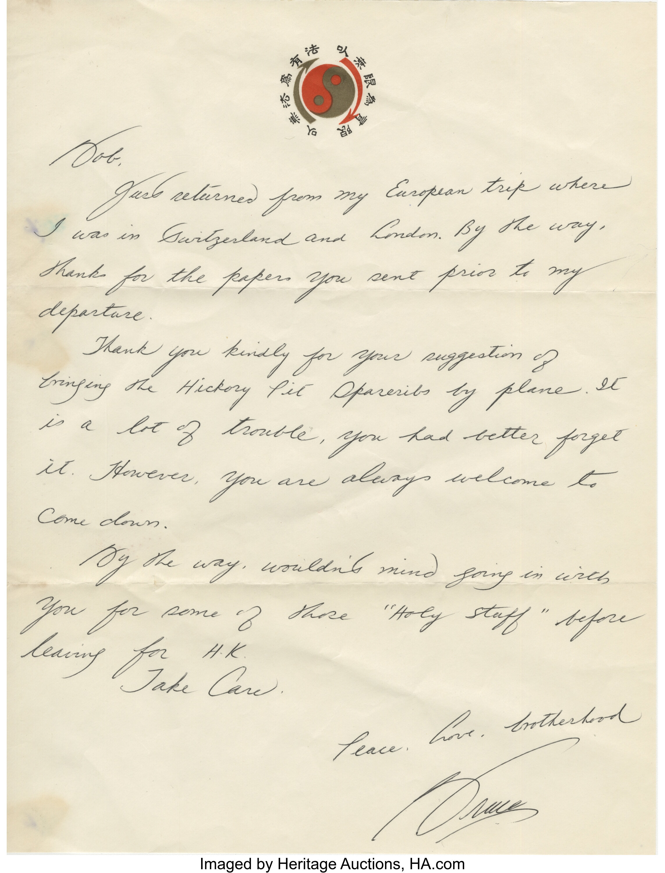 Bruce Lee Handwritten Letter Signed 