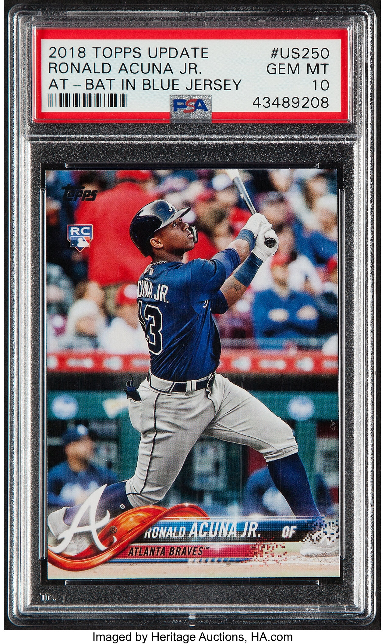 RONALD ACUNA JR 2018 TOPPS UPDATE AT BAT BLUE JERSEY RC #US250 PSA 10 GEM  MINT:^