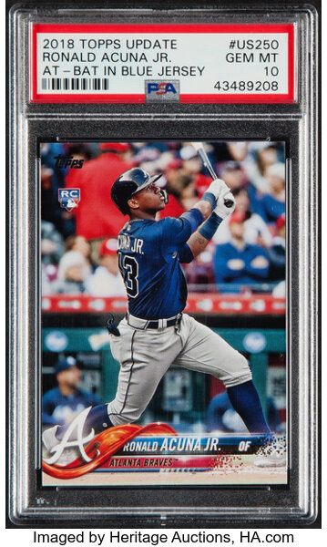 RONALD ACUNA JR 2018 TOPPS UPDATE AT BAT BLUE JERSEY RC #US250 PSA