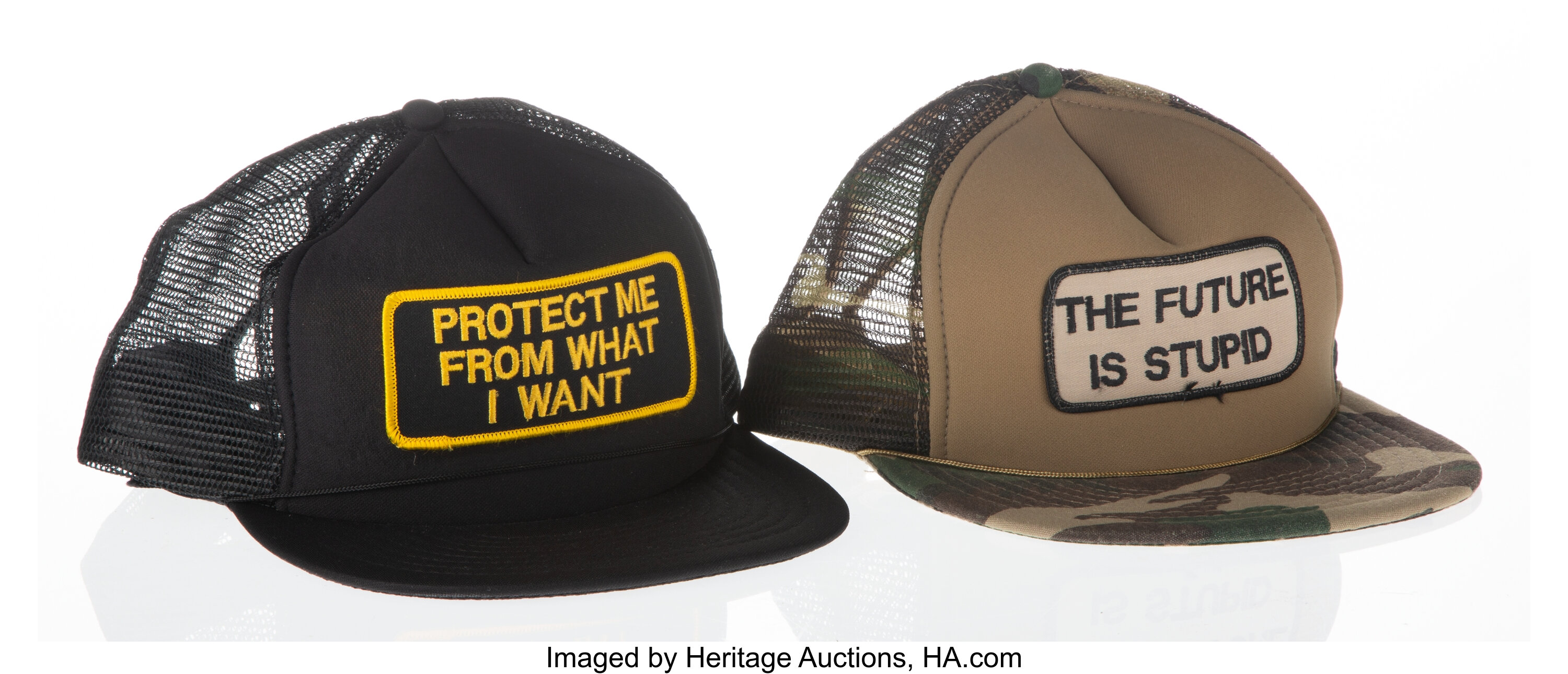 Jenny Holzer (American, b. 1950). Two Survival Series Trucker Hats