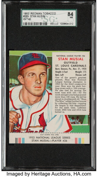 Issued by Red Man Chewing Tobacco, Stan Musial, from the Red Man All-Star  Team series (T232), issued by Red Man Chewing Tobacco