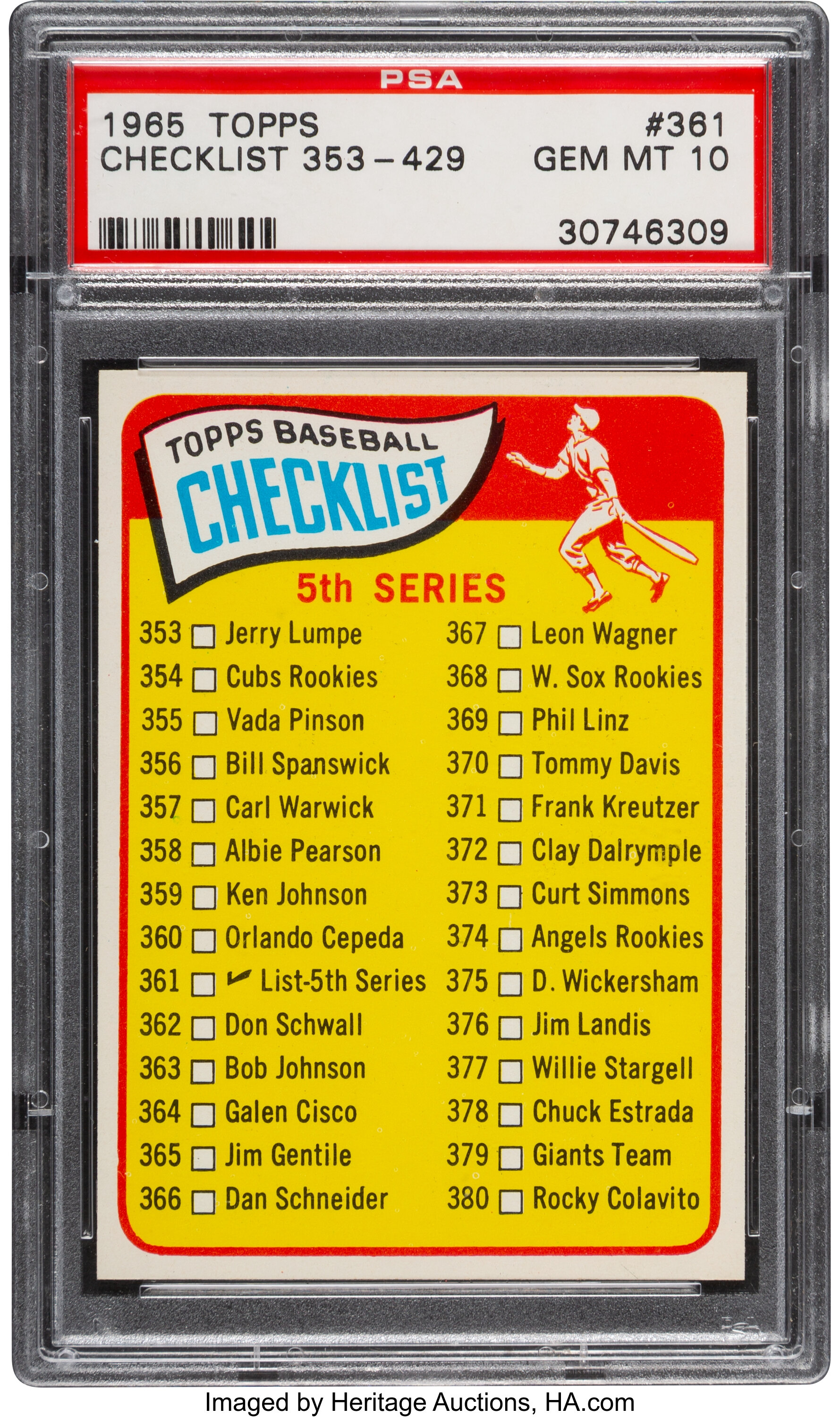 1965 Topps Checklist 353 429 361 Psa Gem Mint 10 Pop Seven Lot 50971 Heritage Auctions 