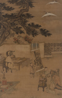 At Auction: Birds flowers paper scroll by Lv Ji