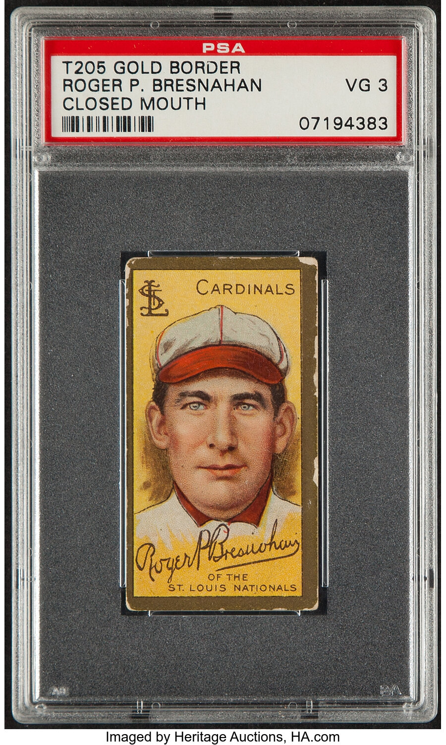 1911 T205 Piedmont Roger Bresnahan (Closed Mouth) PSA VG 3