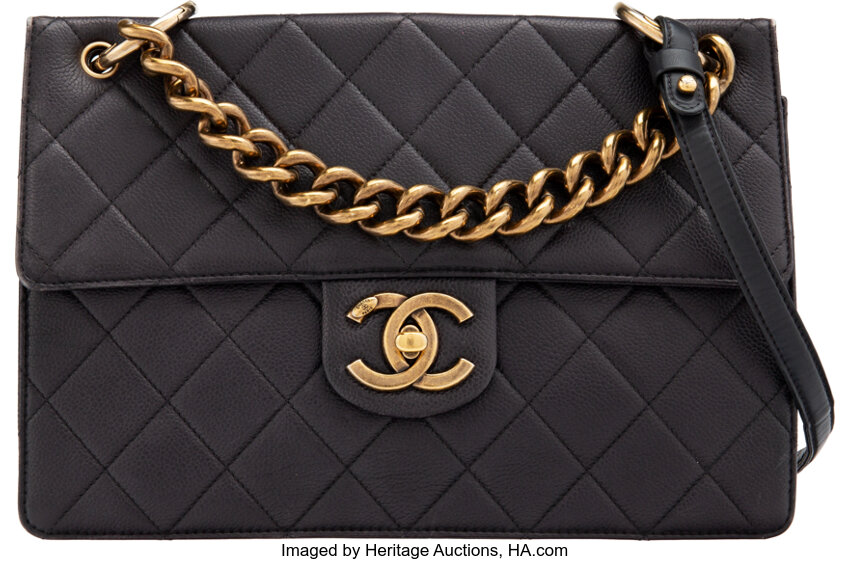 Chanel Black Quilted Caviar Leather Crossbody Flap Bag with Aged, Lot  #14063