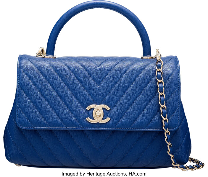 Sold at Auction: Chanel - New - Chevron Small Flap Bag - Blue Leather - CC  - Crossbody Silver