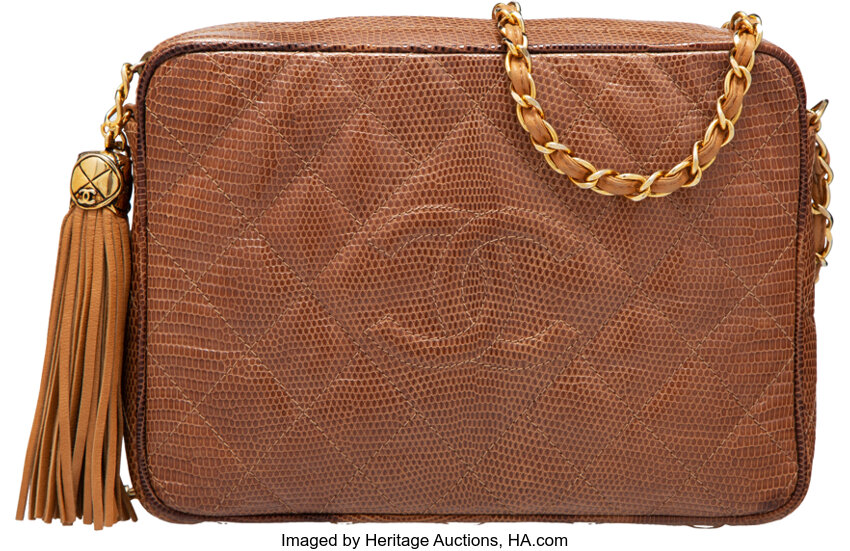 Chanel Vintage Brown Quilted Lizard Camera Bag with Gold Hardware