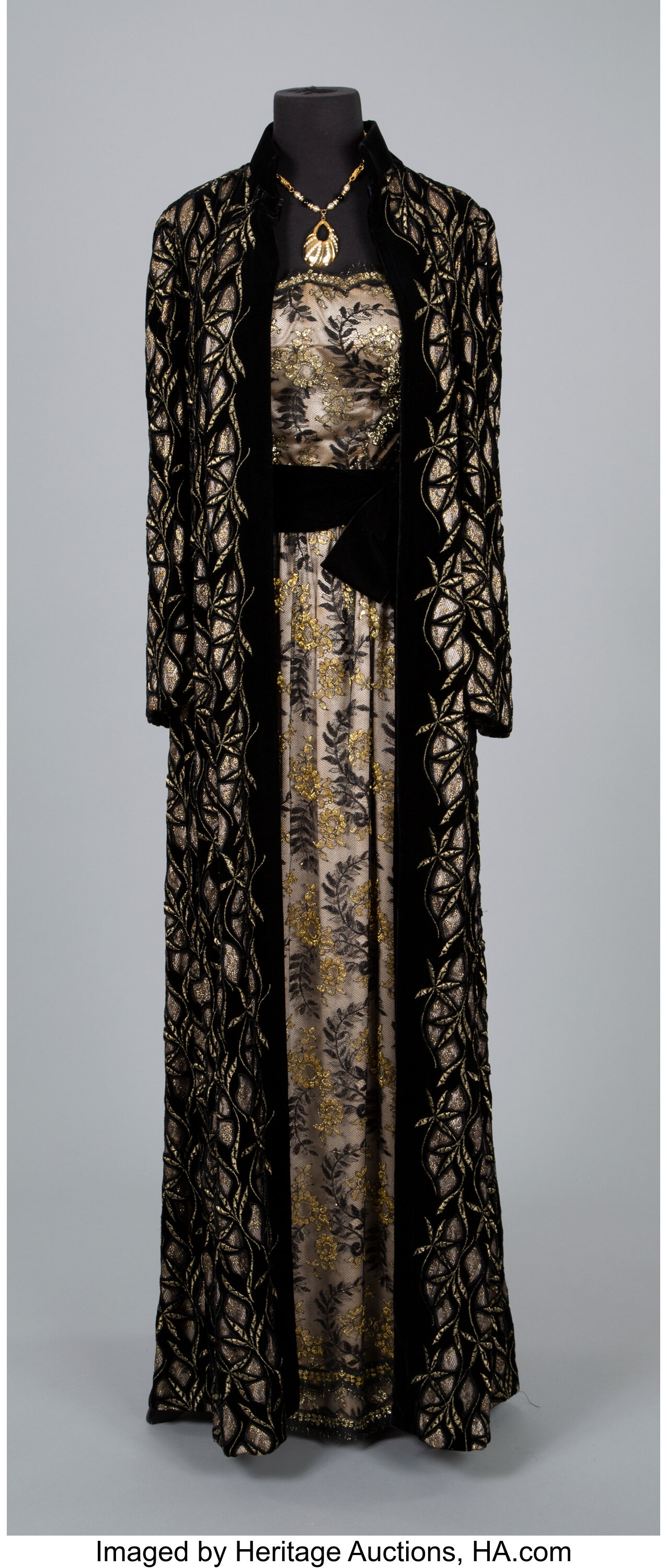 A Coco Chanel Gown, with a Coco Chanel Velvet and Gold Lace Coat,, Lot  #61163