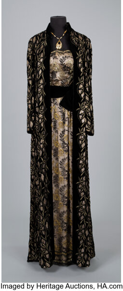 A Coco Chanel Gown, with a Coco Chanel Velvet and Gold Lace Coat