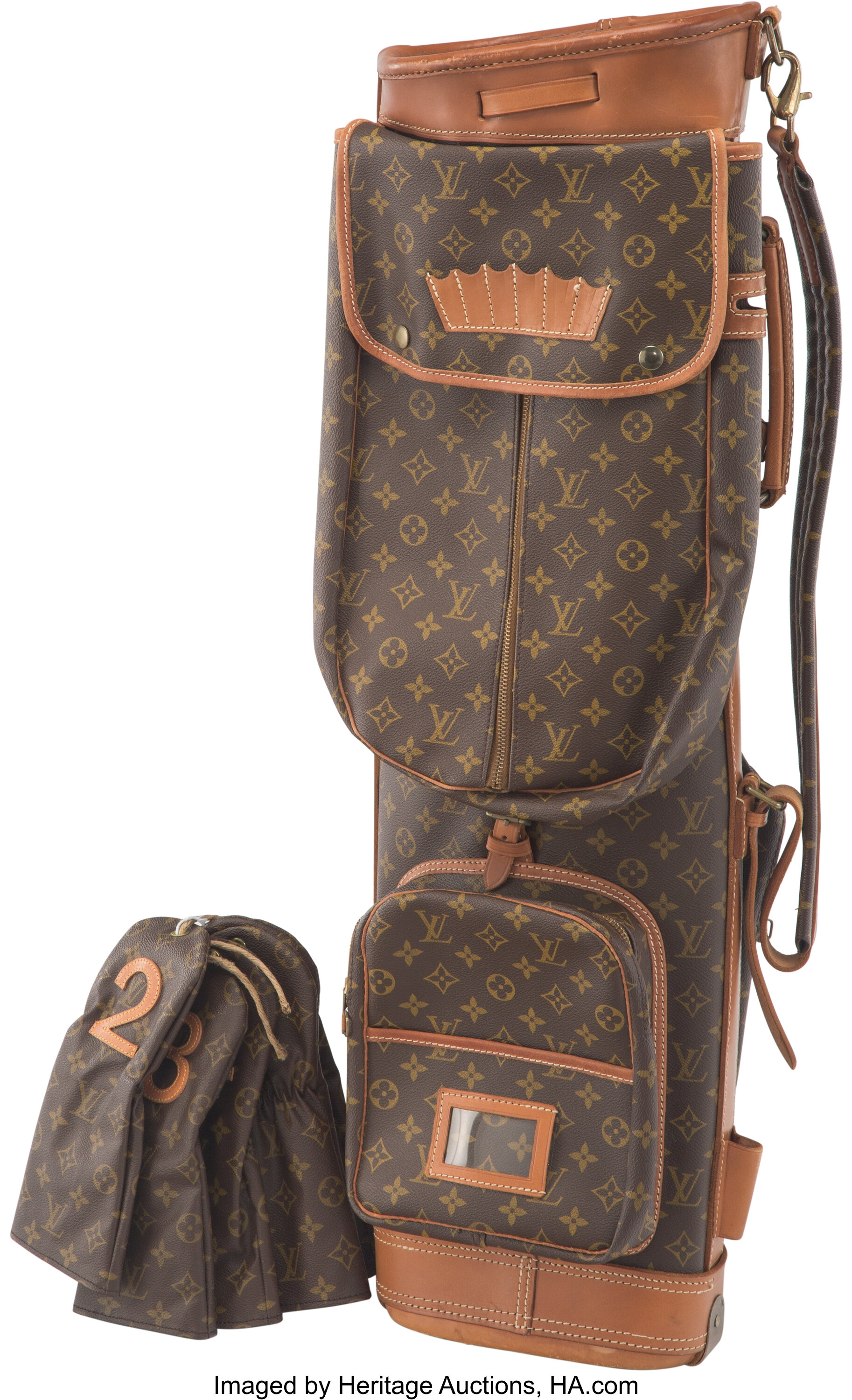 A Louis Vuitton Monogram Canvas and Leather Golf Bag. 33 x 12-1/2