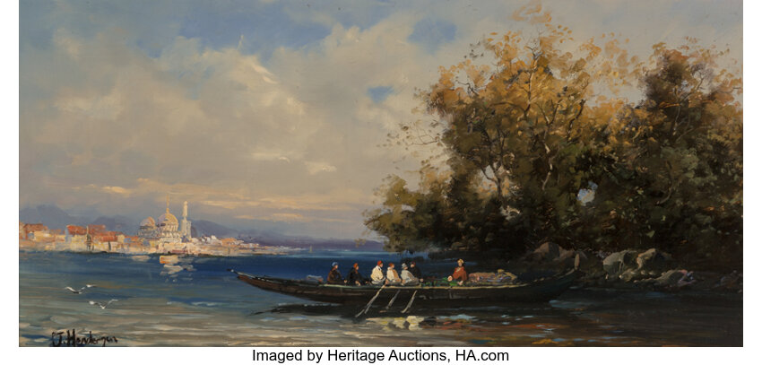 J. Henderson 19th Century . Rowboat in the Venice Lagoon. Oil on