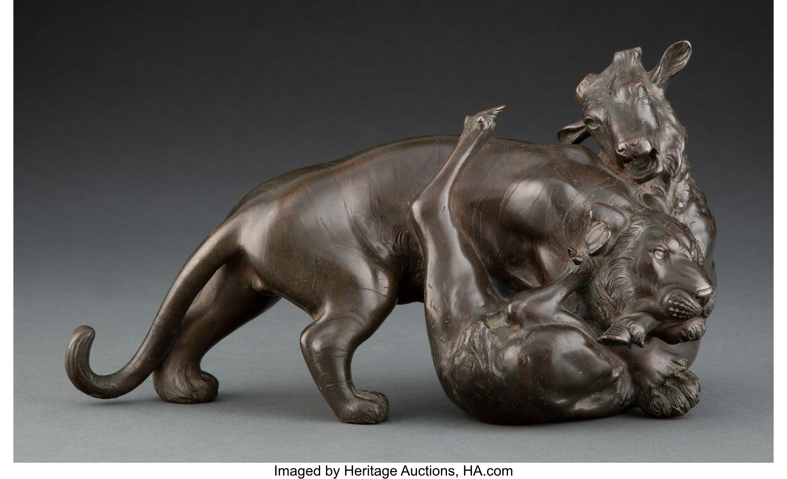 Important Bronze Of A Tiger And A Rhino, Japan, Signed. Meiji