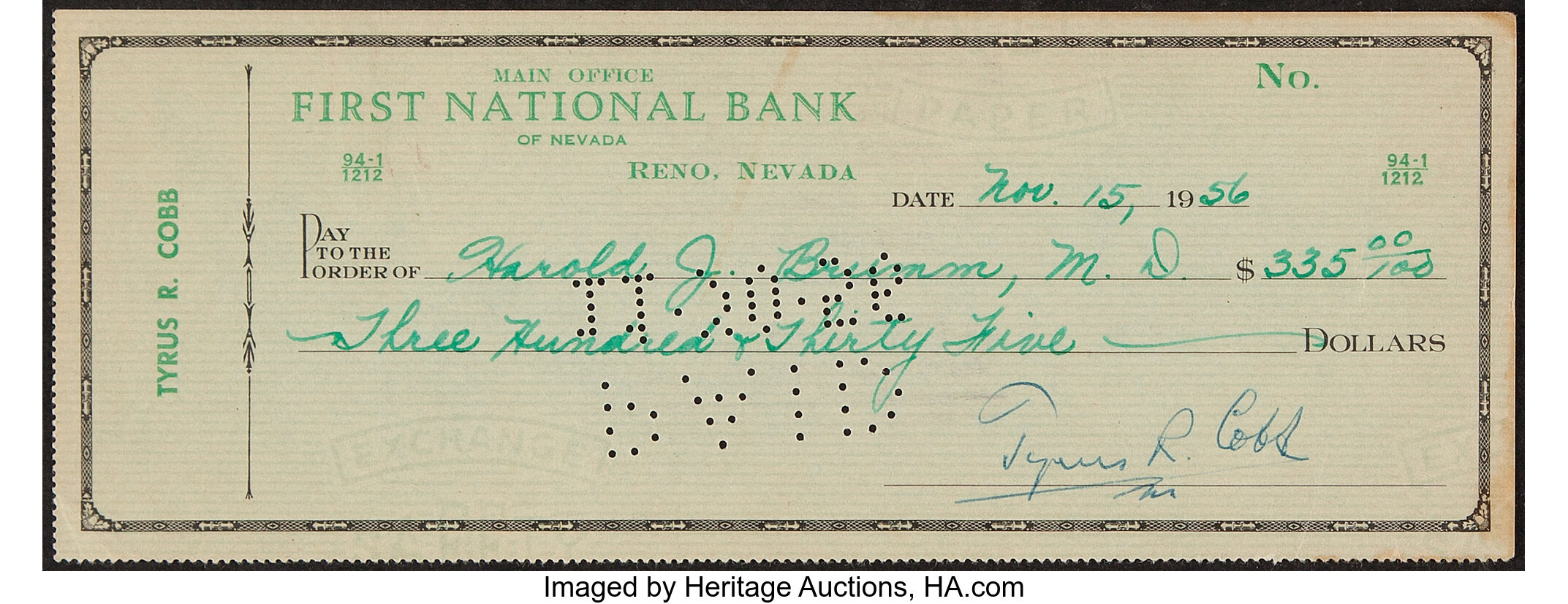 1956 Ty Cobb Signed Check. ... Autographs Checks | Lot #41378 ...