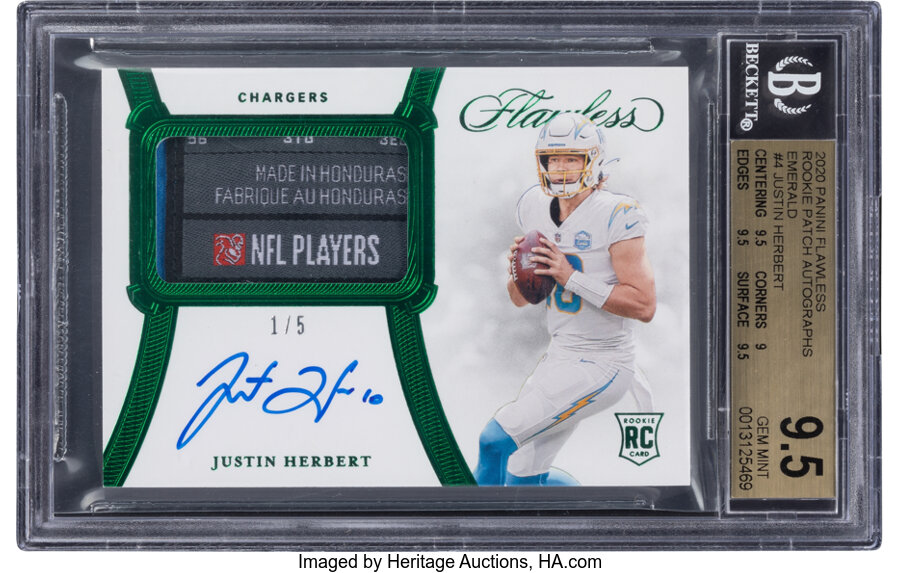 2020 Panini Flawless Rookie Patch Autograph Justin Herbert (Emerald) #RPA-JHE BGS Gem Mint 9.5, Auto 10 - #'d 1/5!