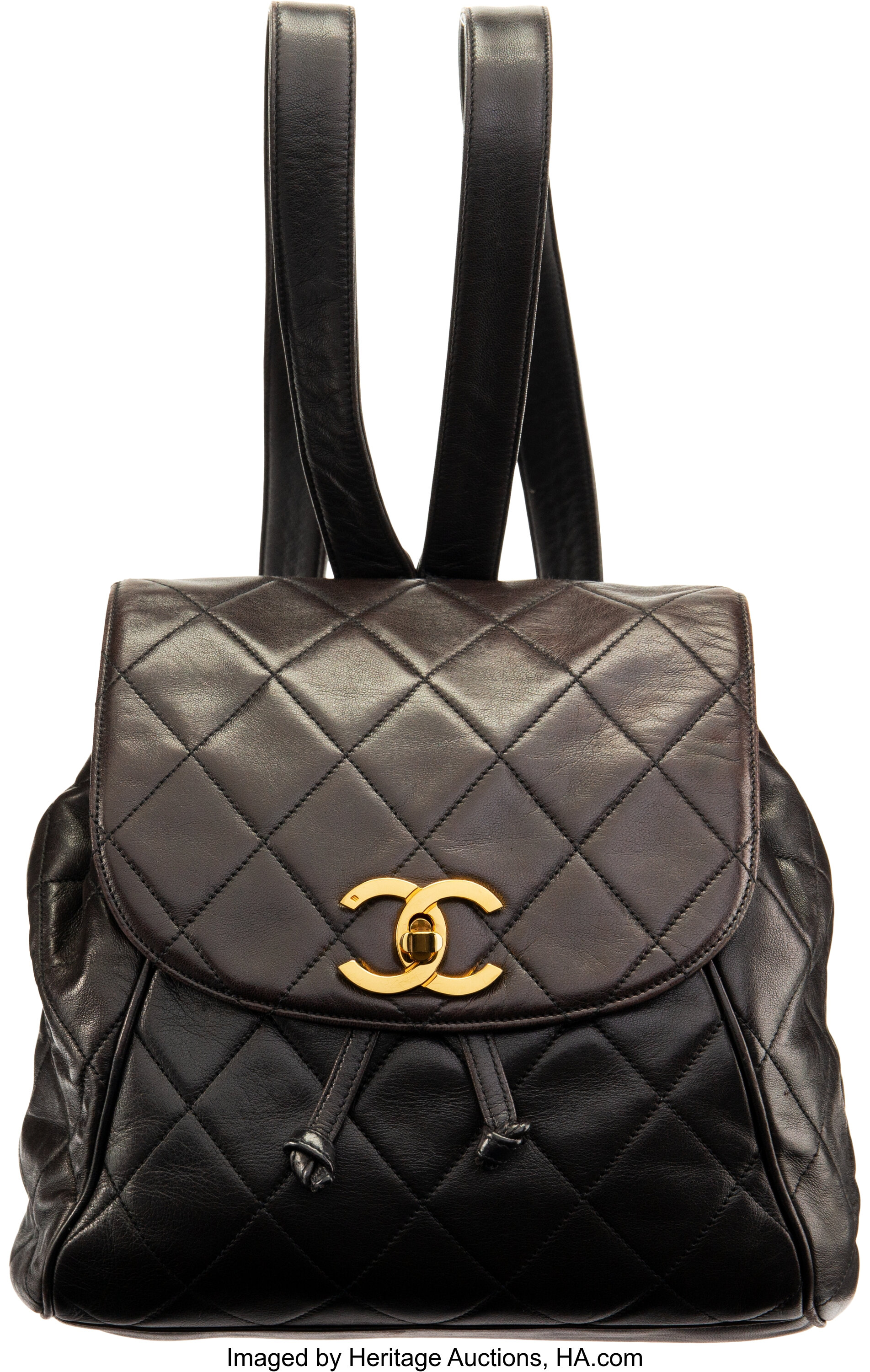 Chanel Black Leather 1990's Vintage Diamond Quilted Drawstring