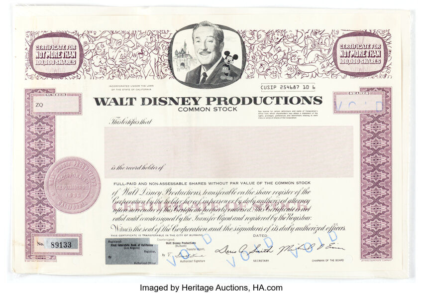 Walt Disney Productions Common Stock Certificate (Walt Disney