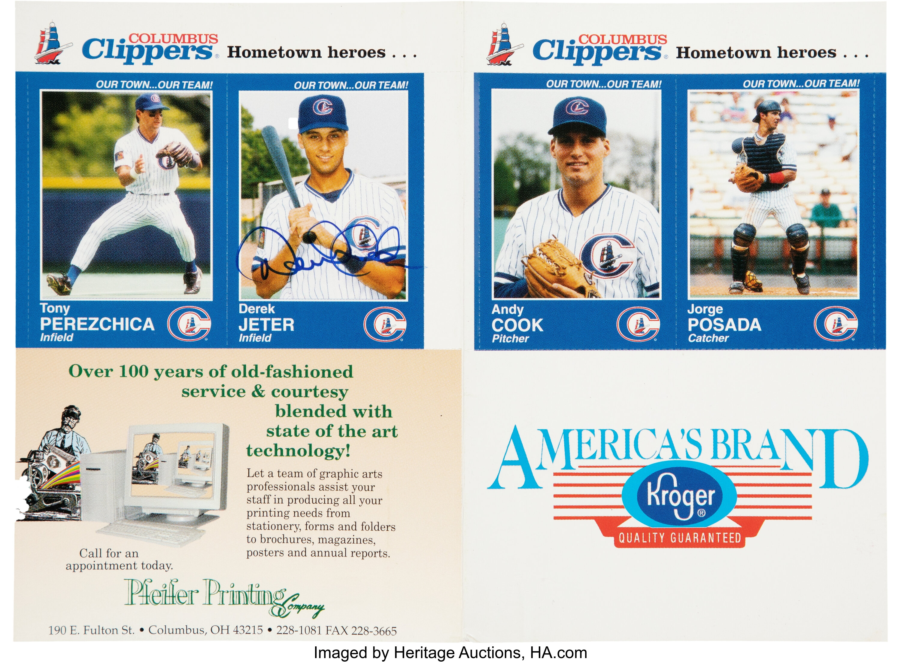 Signed 1995 Kroger Columbus Clippers Derek Jeter Card Sheet