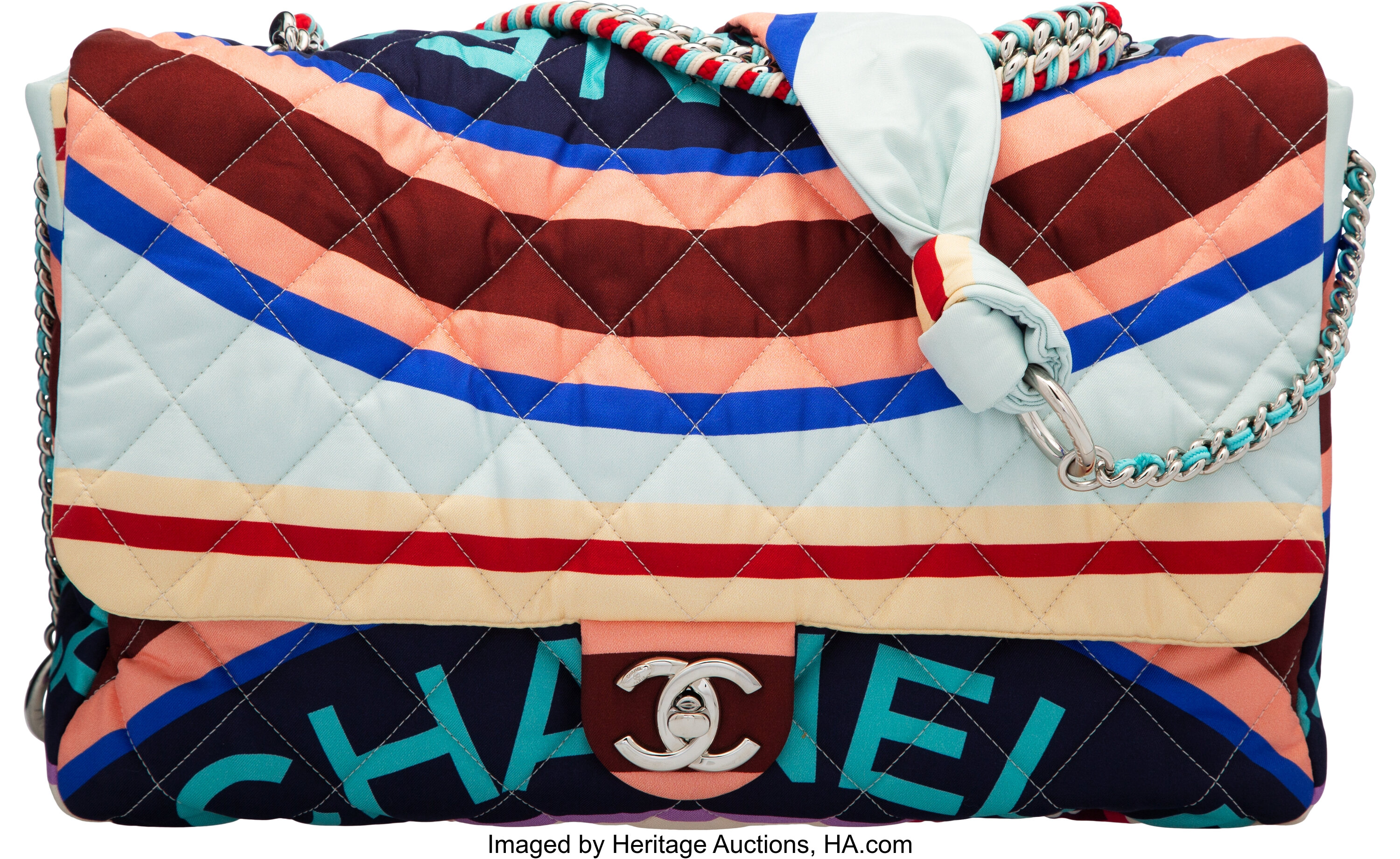 VINTAGE CHANEL BAG WITH PATENT FRINGING QUILTED MULTI COLOUR FABRIC