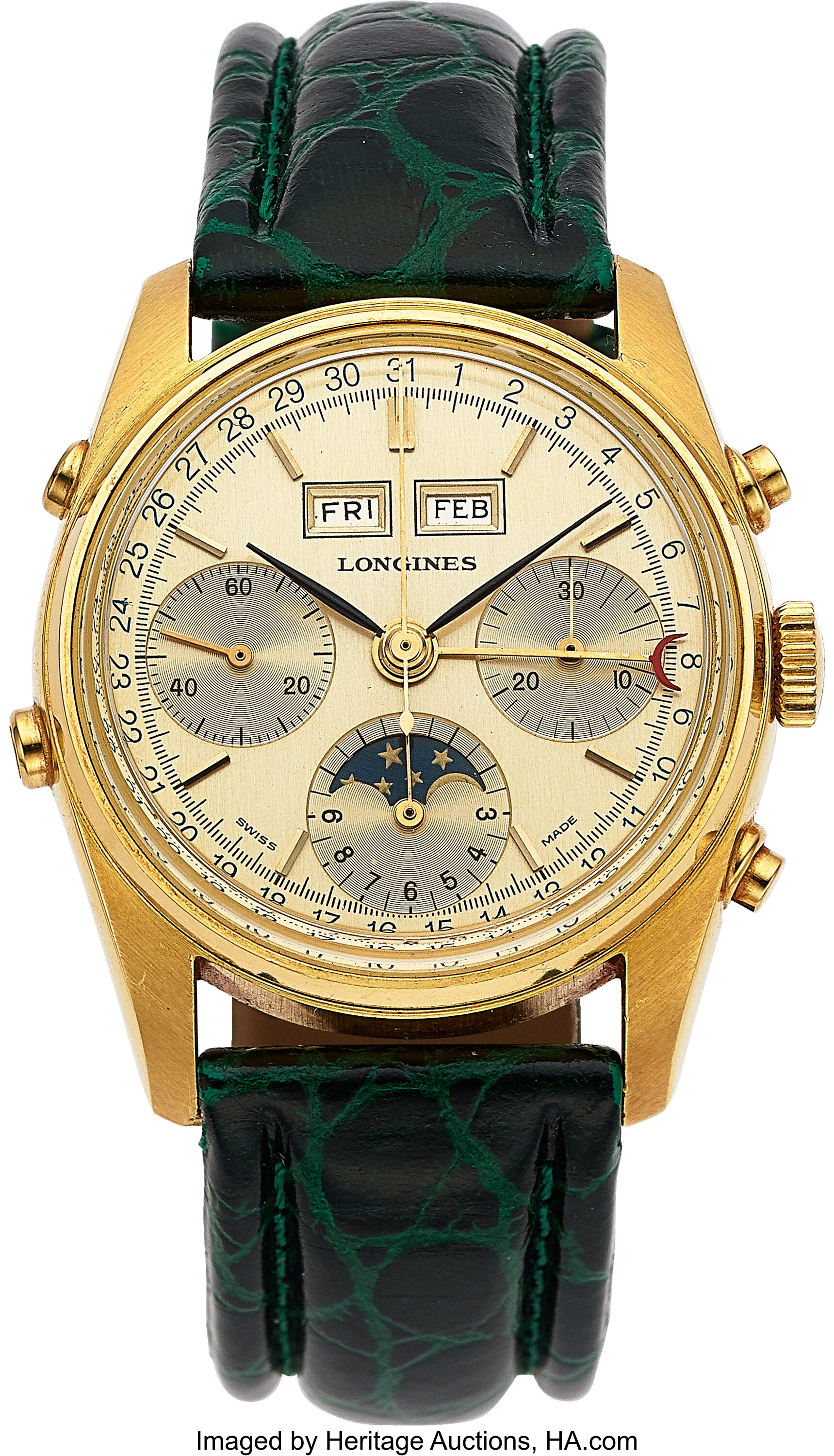 Longines 18k Gold Chronograph Triple Calendar Moon Phase Ref