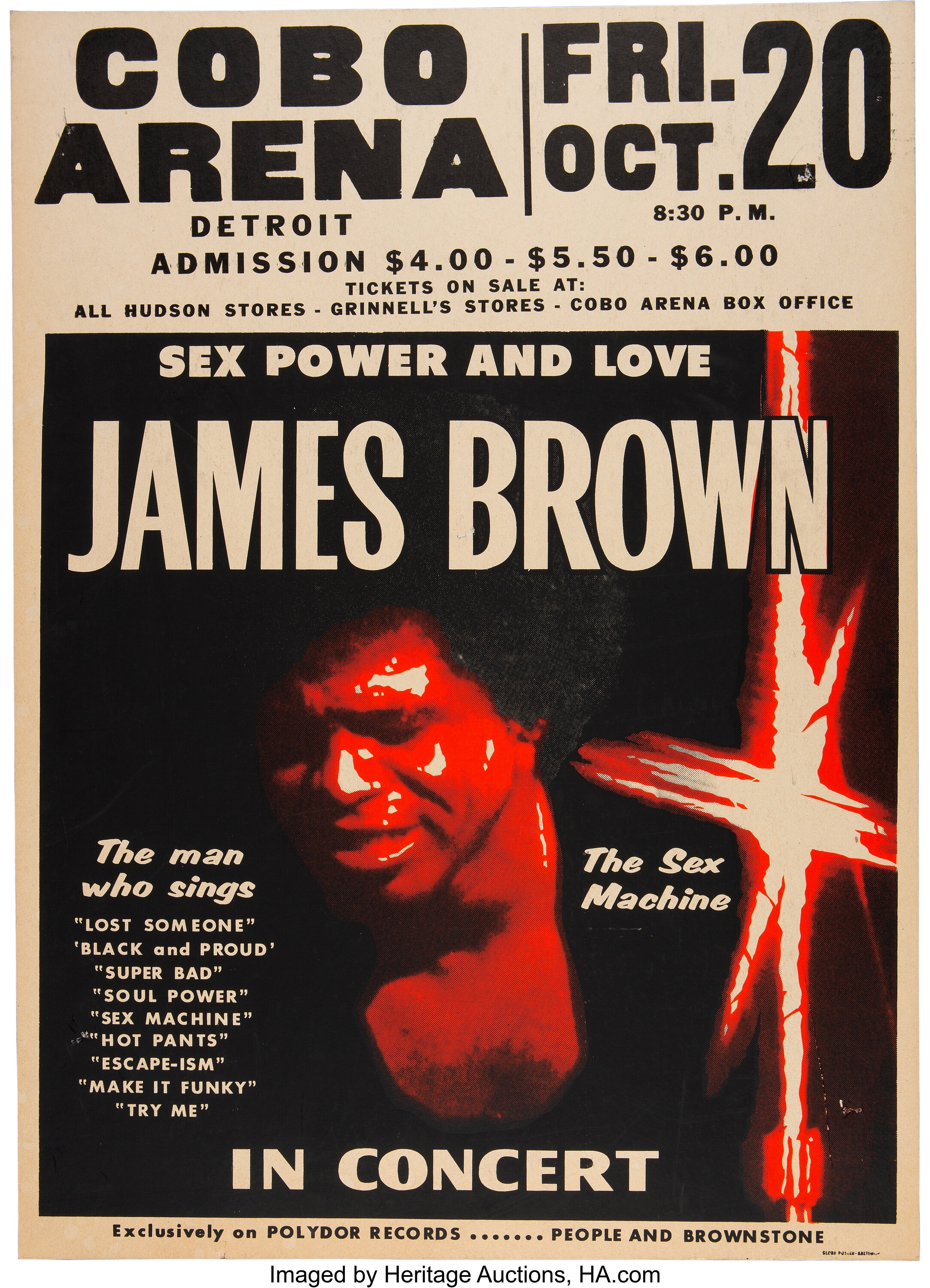 James Brown 1972 Cobo Arena, Detroit Jumbo Globe Concert Poster. | Lot ...