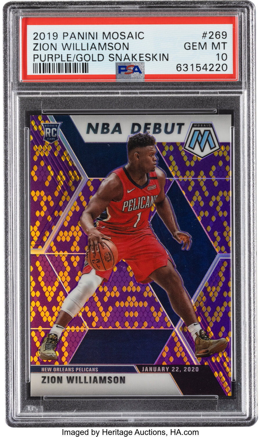 2019 Panini Mosaic Zion Williamson (Purple/Gold Snakeskin) Rookie #269 PSA Gem Mint 10, #'d 4/20 - Pop 2!