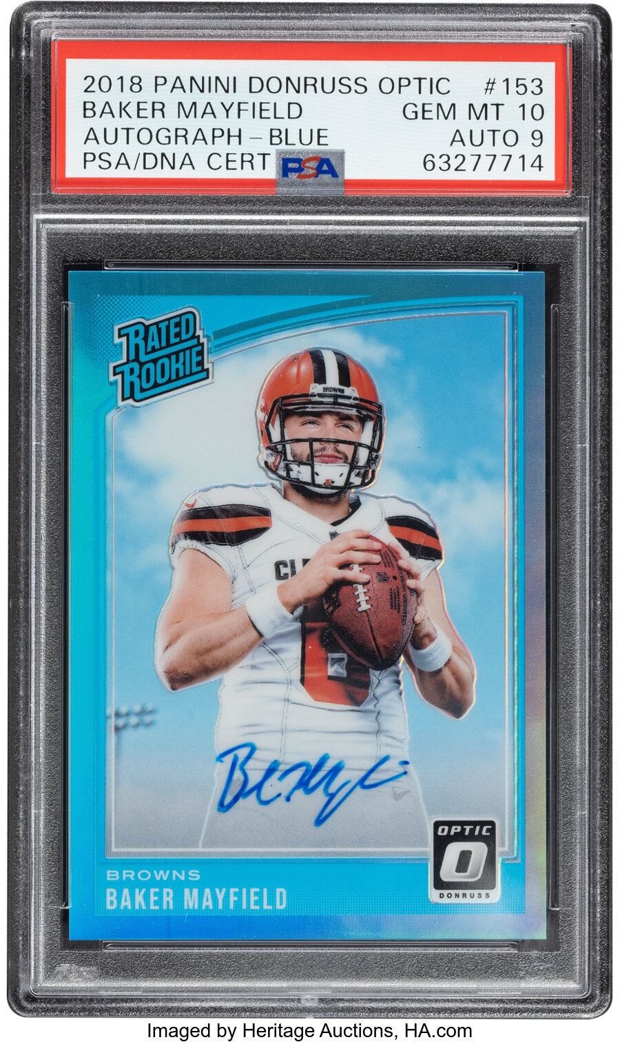 2018 Panini Donruss Optic Baker Mayfield (Autograph - Blue) Rookie #153 PSA Gem Mint 10, PSA/DNA Auto 9 - #'d 3/75