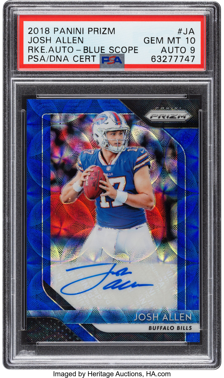 2018 Panini Prizm Josh Allen (Rookie Autograph - Blue Scope) #RA-JA PSA Gem Mint 10, Auto 9 - #'d 3/99