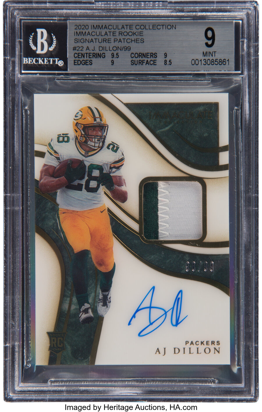 2020 Panini Immaculate Collection A.J. Dillon (Rookie Immaculate Signature Patches) #ISP22 BGS Mint 9, Auto 10, #'d 98/99