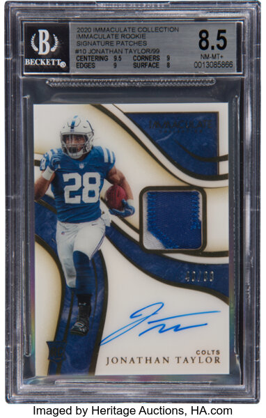 2020 IMMACULATE JONATHAN TAYLOR ROOKIE EYE BLACK JERSEY AUTO PATCH  SIGNATURE /99