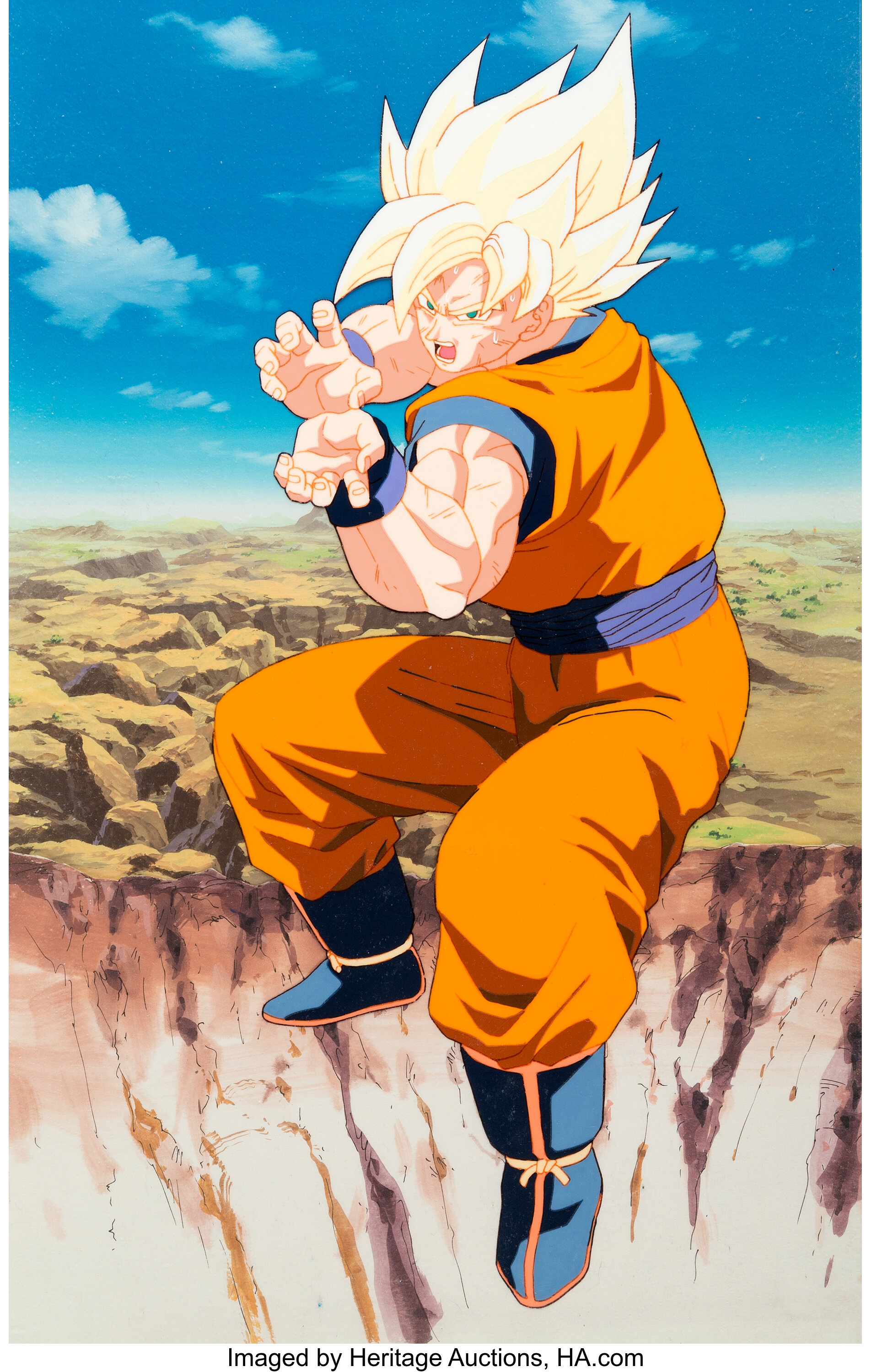 Dragon Ball Z by Toei Animation Co., Ltd. Super Saiyan Goku in Saiyan  Battle Armor PAN Animation Cel with Hand-painted Original Background  穿撒亞人戰鬥服的超級撒亞人孫悟空（移動定位