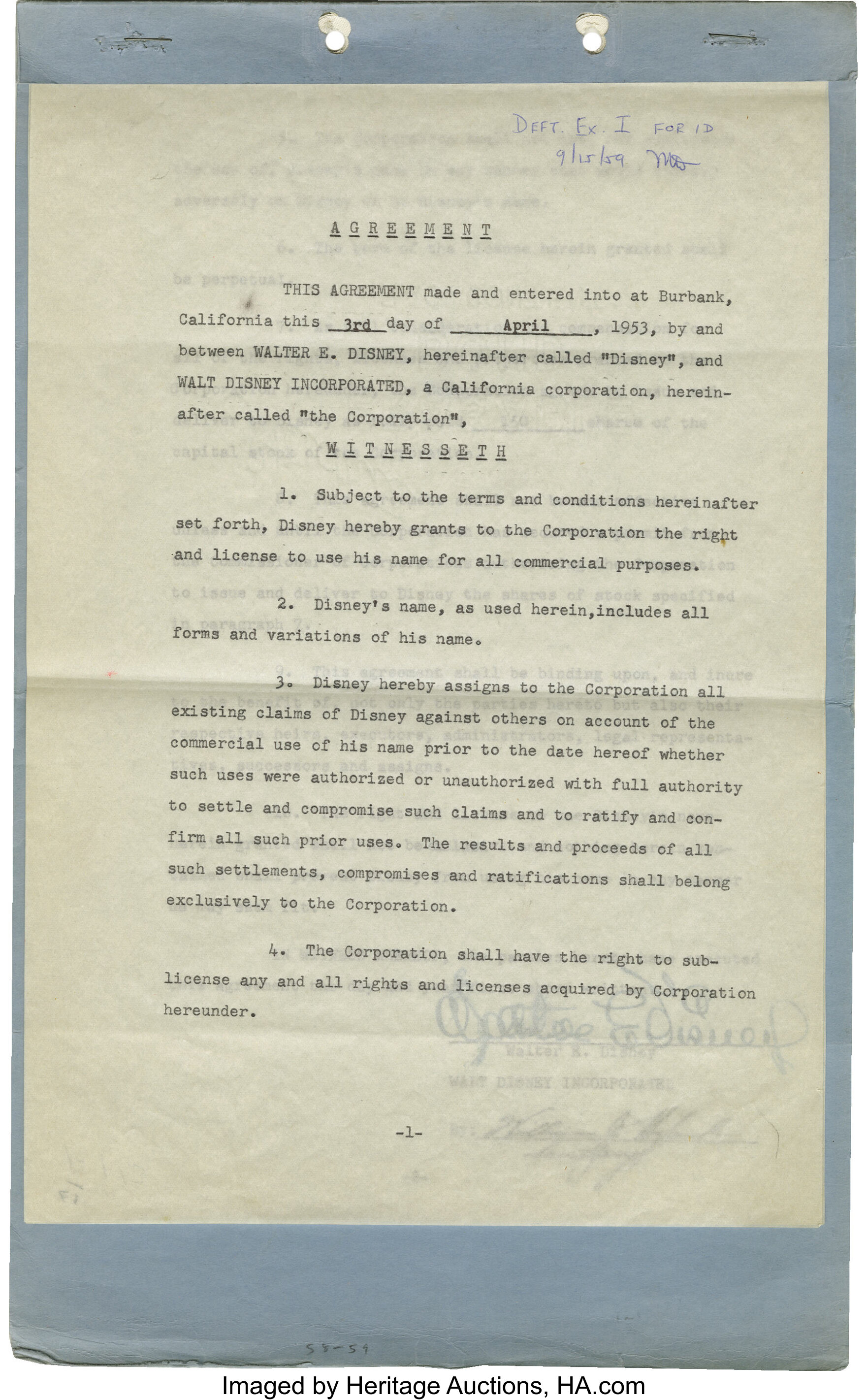 Walt Disney Signed Contract. This two-page contract dated April 3 ...