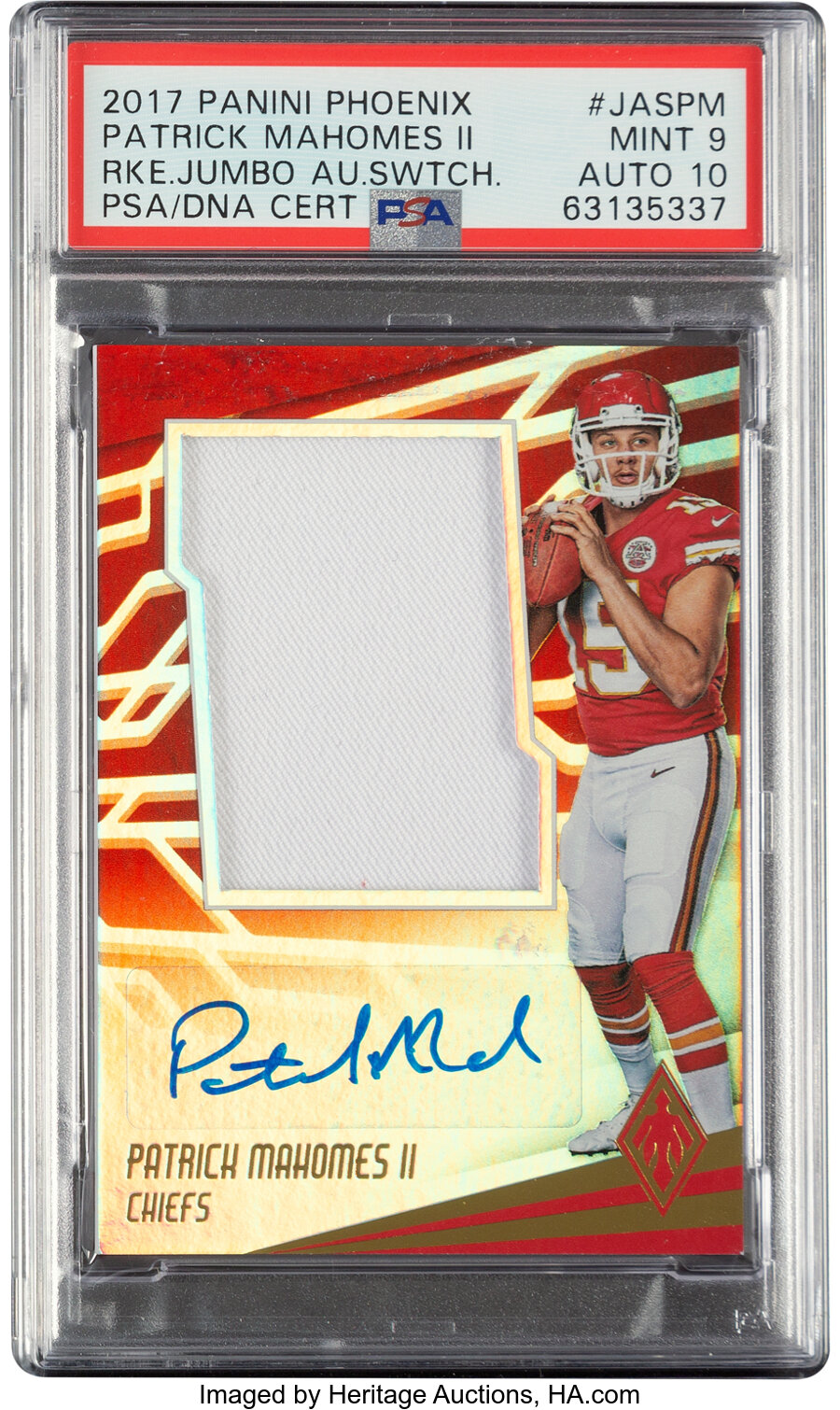 2017 Panini Phoenix Patrick Mahomes II (Rookie Jumbo Autograph Swatch) #JAS-PM PSA Mint 9, Auto 10 - #'d 48/49