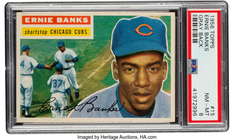 1956 Topps Ernie Banks (Gray Back) #15 PSA NM-MT 8