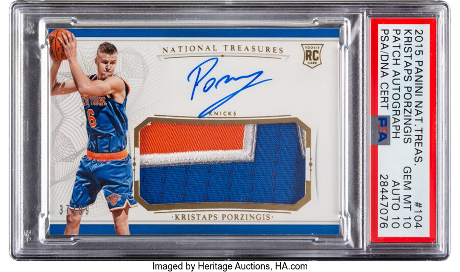 2015 Panini National Treasures Kristaps Porzingis (Rookie Patch Autograph) #104 PSA Gem Mint 10, Auto 10 - #'d 37/99