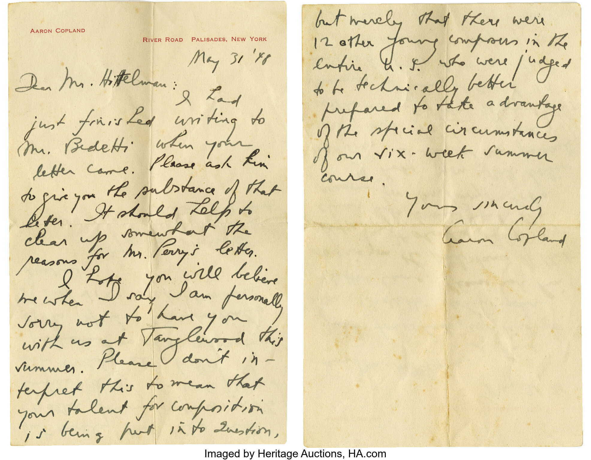 Aaron Copland Signed Letter To Joseph Harnell Written On His Lot 35313 Heritage Auctions