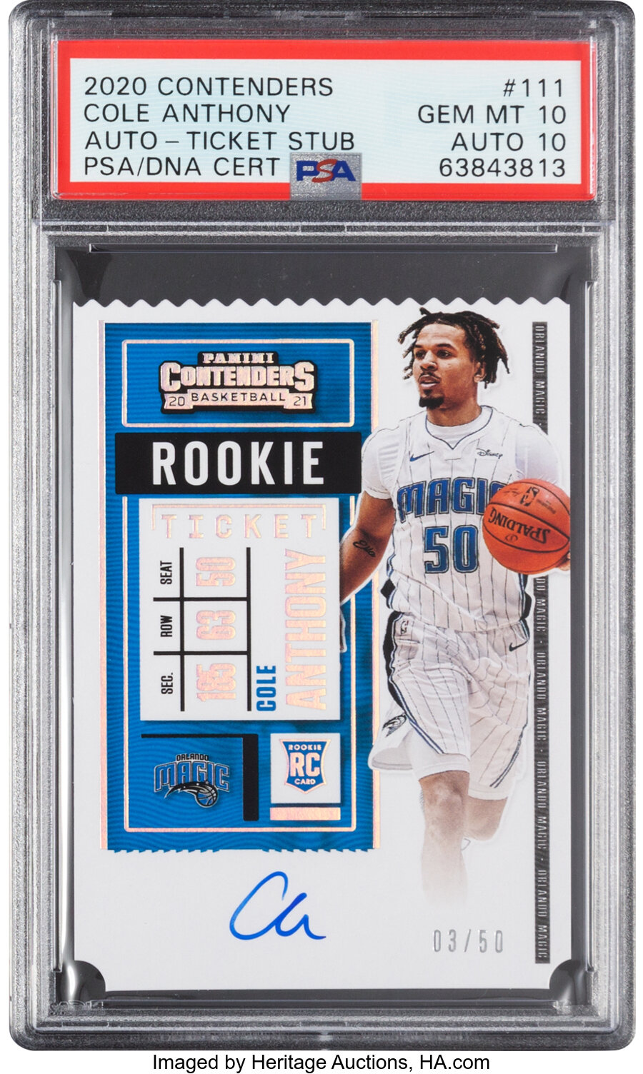 2020 Panini Contenders Cole Anthony (Rookie Ticket Stub) #111 PSA Gem Mint 10, Auto 10 - #'d 3/50