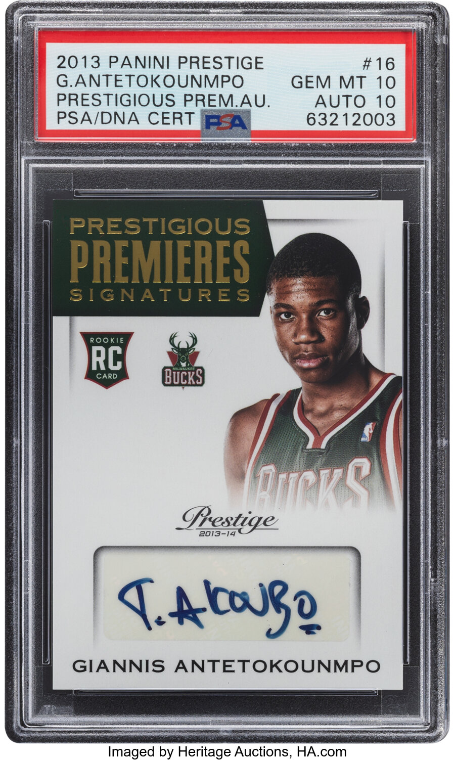 2013 Panini Prestige Giannis Antetokounmpo (Prestigious Premieres Signatures) Rookie #16 PSA Gem Mint 10, Auto 10