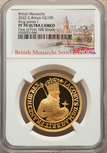 Elizabeth II gold "James I" 100 Pounds 2022 PR70 Ultra Cameo NGC. One of First 100 Struck 70 NGC