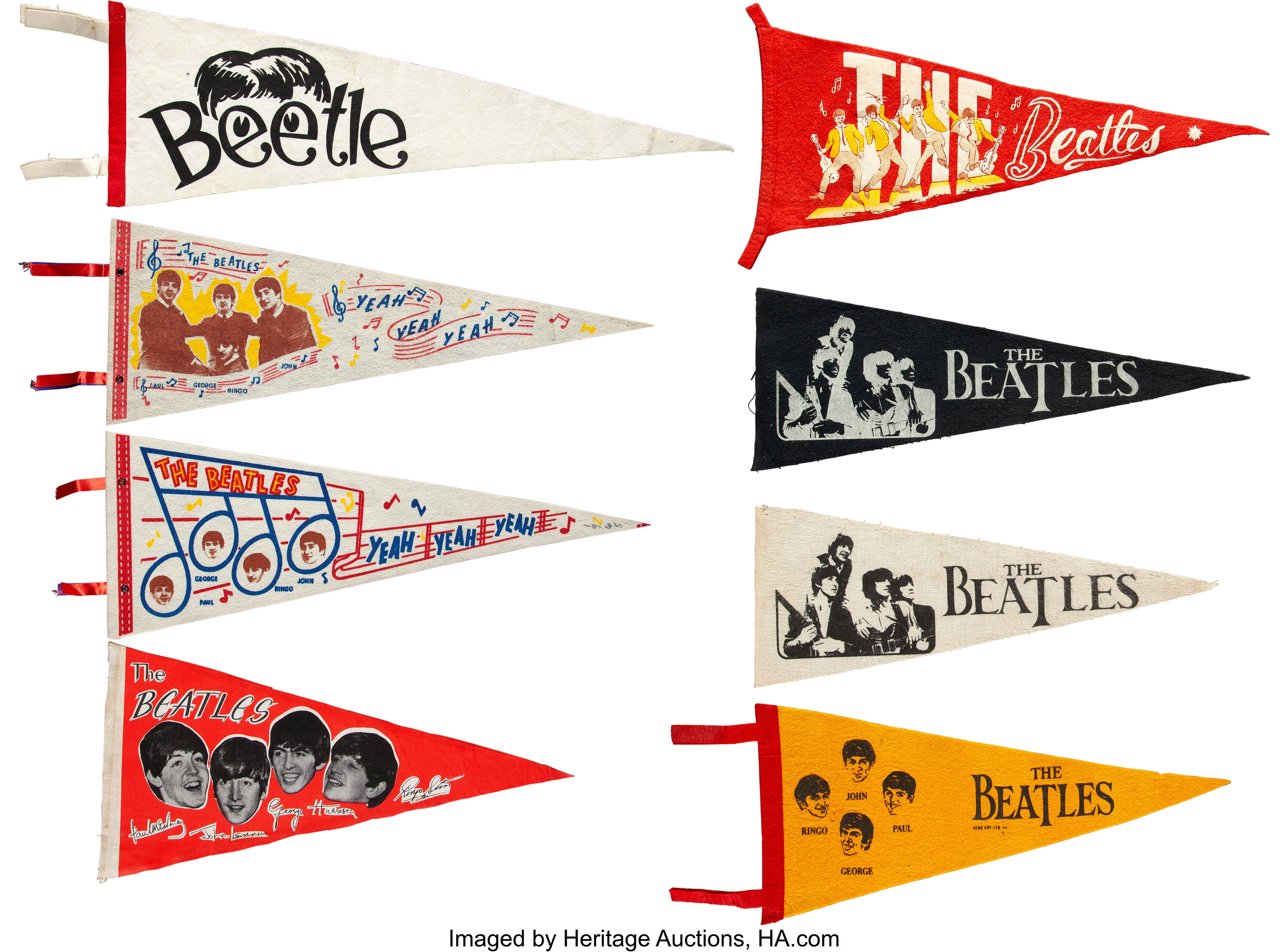 The Beatles Eight Vintage Pennants 8 Music Memorabilia Lot