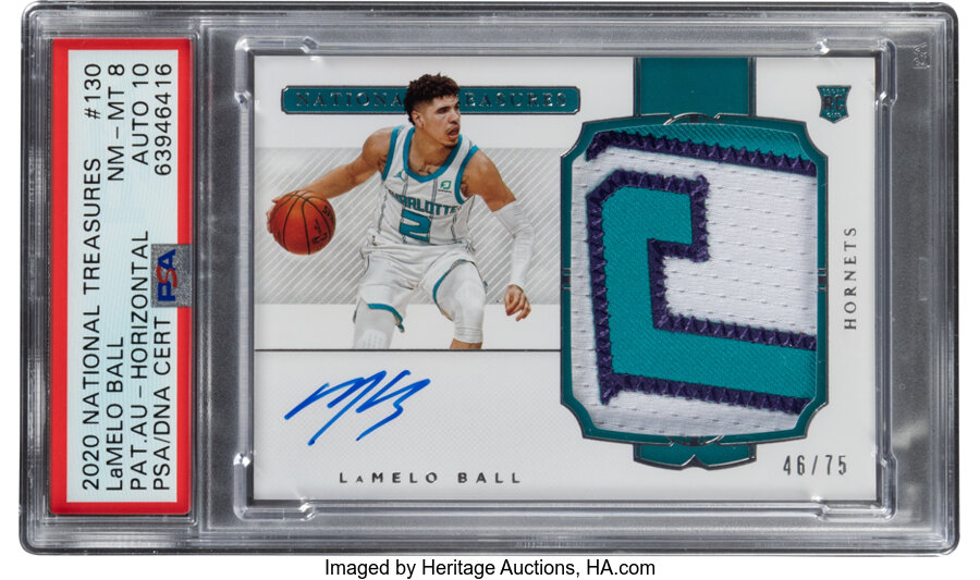 2020 Panini National Treasures LaMelo Ball (Rookie Patch Autograph Horizontal) #130 PSA NM-MT 8, Auto 10 - #'d 46/75