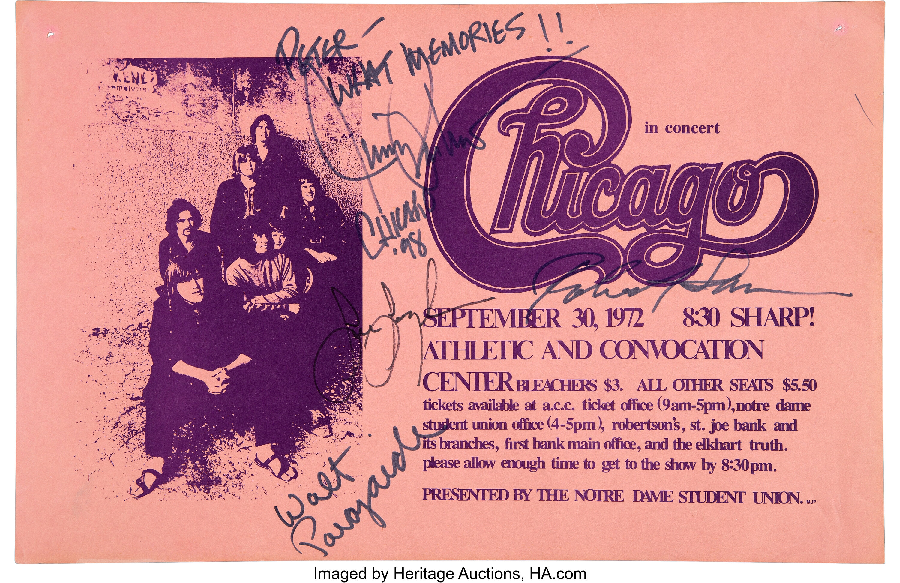 Chicago Signed and Inscribed 1972 South Bend, IN Concert Poster