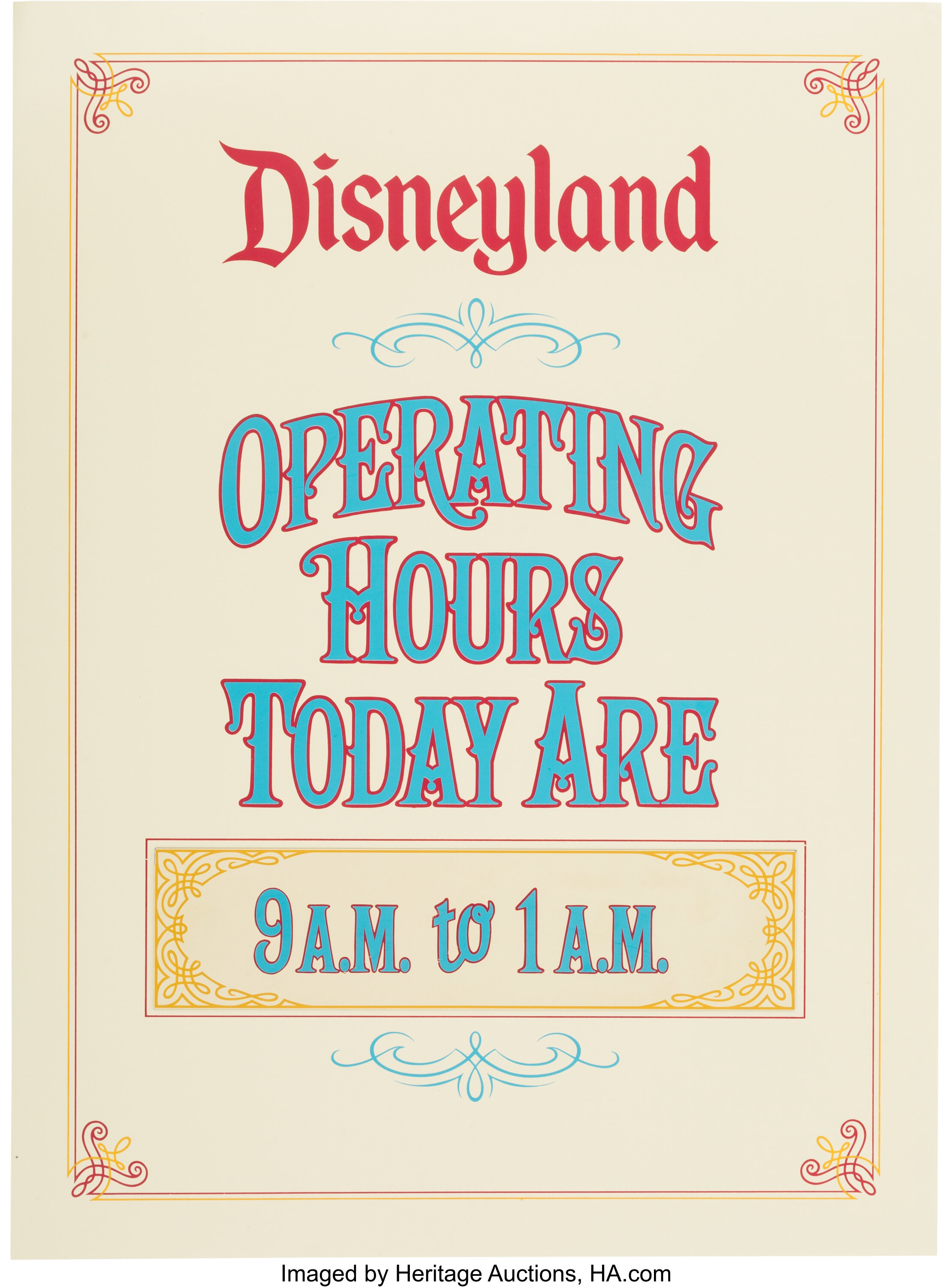 Disneyland Operating Hours Metal Sign (Walt Disney, c. 1970s). Lot