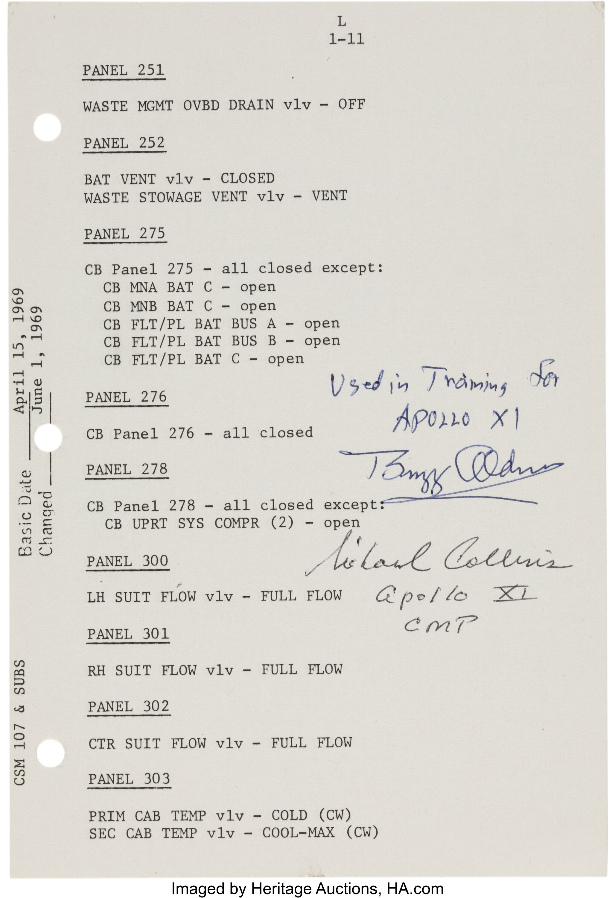 Apollo 11 Training-Used Launch Operations Checklist Page signed by ...