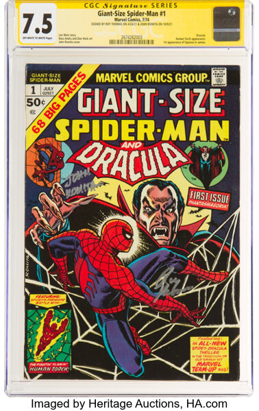 Bronze Age (1970-1979):Superhero, Giant-Size Spider-Man #1 Signature Series: Roy Thomas and John Romita (Marvel, 1974) CGC VF- 7.5 Off-white to white pages.